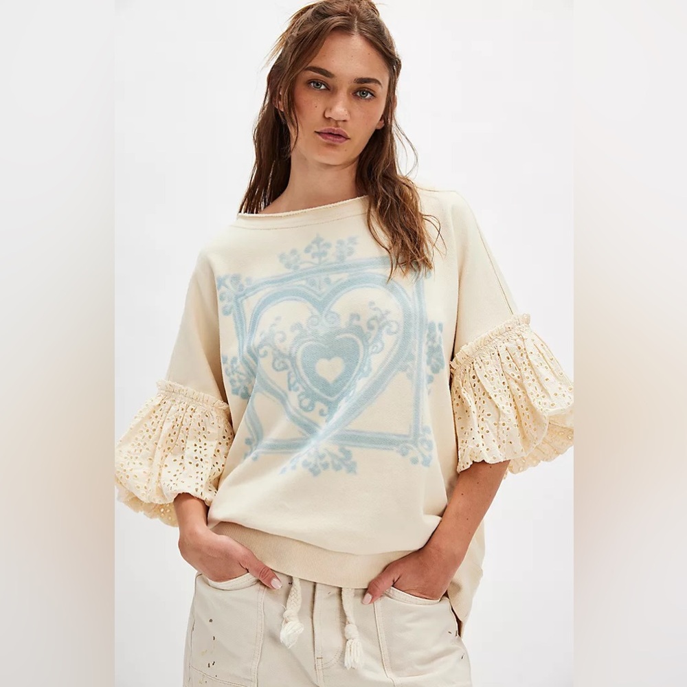 New Free People Ivory Doily Lace Puff Sleeve Sweatshirt Top Blouse sz S